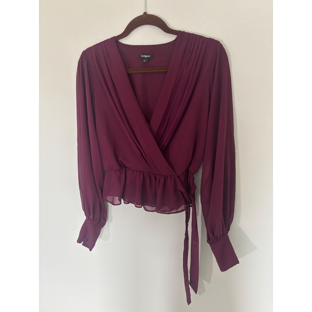 Express Burgundy Surplice Wrap Peplum Blouse Long Bishop Sleeve Wine Red Small